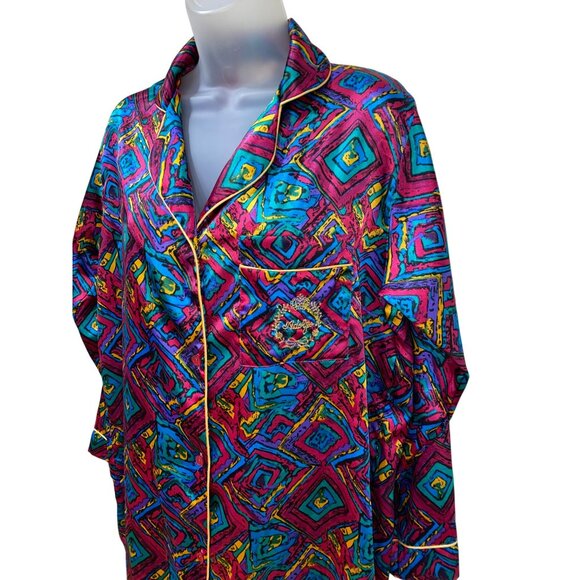 Vintage Adolfo Classics Womens Satin Pajama Shirt With Retro Geometric Print & C - Picture 5 of 10
